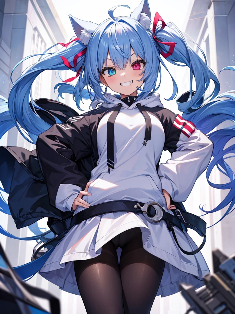 One Girl、twinturbo, sharp teeth, ahoge, twintails, hair ribbon, horse ears, heterochromia, horse tails、hoodie, long sleeves, pantyhose、Blue Hair、(((Grin)))、Hands on , Ahoge, Twin tails, Hair Ribbon, Horse's ears, Heterochromia iridis, V-shaped eyebrows, hoodie, Lower the hood, Long sleeve, pantyhose, Horse tail