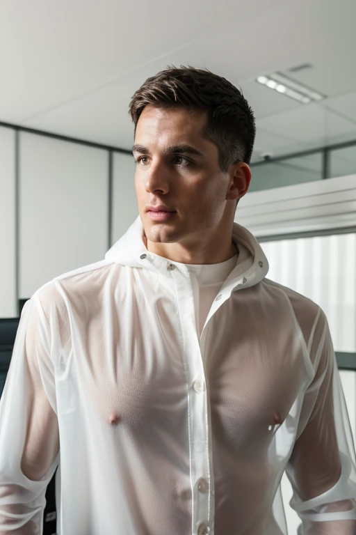 pietroboselli person as a male office worker, wearing a white long sleeve transparent seethrough hooded button up shirt, professional photography, high resolution, 4k, detailed photo, photograph by Dan Kennedy Professional photography, bokeh, rembrant natural lighting, canon lens, 64 megapixels, sharp focus, nsfw, white background