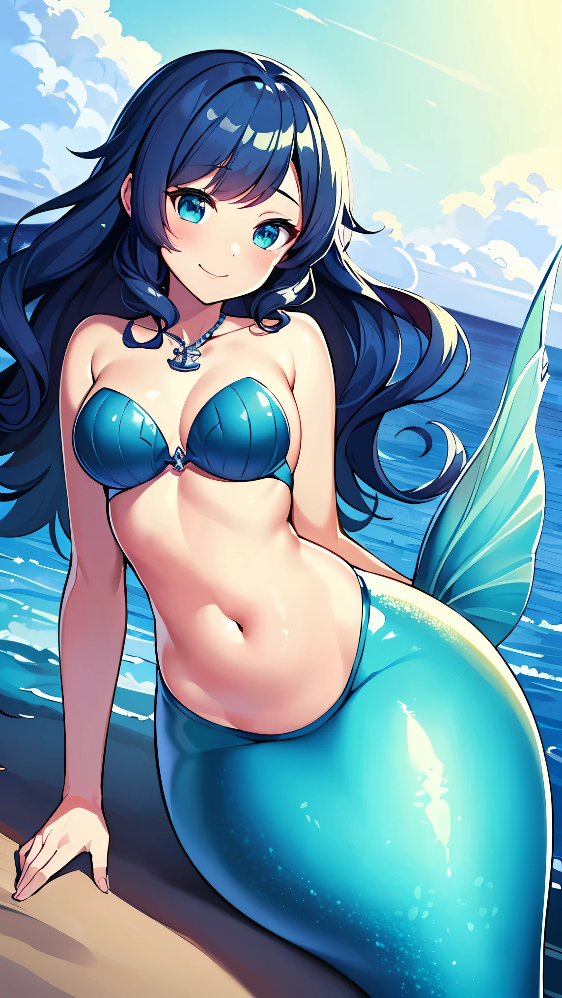 gradient hair, curly hair, long hair, expressive hair, anchor hair ornament, light smile, naughty, anime, sparkle, ray tracing, UHD, retina, super detail, textured skin, masterpiece, accurate, high details, best quality, high quality, Mermaid, mermaid princess, The lower half of the body is a fish tail., belly button exposed, swimming in the sea