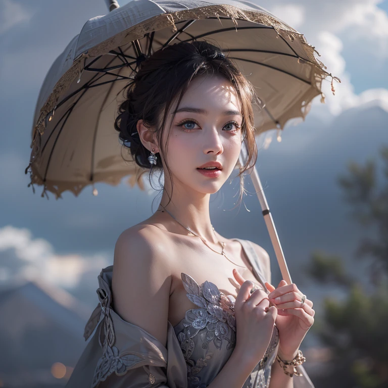 A woman holding a parasol stands on top of a hill、Gothic Dress、青空と雲1 girl, Highest quality, masterpiece, Ultra-high resolution, (Realistic:1.4), RAW Photos, 1 girl, Cinema Lighting,((Highest quality、masterpiece、8k、Best image quality、Ultra-high resolution、Award-winning works)、(Accurate anatomy:1.1)、Highly detailed face、Attention to detail、double eyelid、Sharp focus:1.2、Beautiful woman:1.4、Highest quality、masterpiece、Ultra-high resolution、(Realistic:1.4)、Highly detailed and professionally lit smiles、Serious expression、Two Arms, Complete Hそして, Beautiful body, Beautiful fingers, Normal finger, Five Fingers, Five Fingers, (Thumb Index Finger Ring Finger), Beautiful ears、 Normal ear, Beautiful Eyes, Shining Eyes, Beautiful mouth, Beautiful Lips,