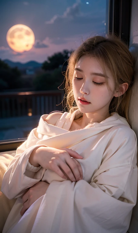 In a serene, Long blonde woman sleeping on bed in bedroom. Her Eyes, Quietly closed, 部屋のAn air of silence. outside, From a nearby window, outside観。 (Night Moon), Painting the world with a gentle glow, Midnight Dawn. internal, The room is dimly lit, (Dim lighting) aura, Enveloped in the silence of the moonlight. This atmosphere, Accompany (Gentle night air), Quietly flowing around, Enveloping a woman wrapped in a cocoon of silence、Rest in peace、An air of silence