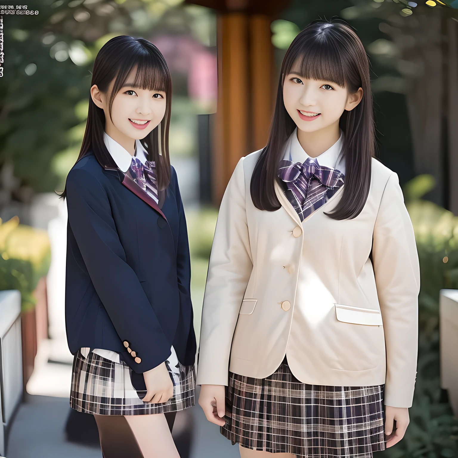 (Highest quality, masterpiece:1.2), Highest quality, High resolution, 1080P, 8k, height: 158cm, ((A noble, graceful and intelligent 14yo Japanese young idle who has a best proportion)), ((So sweet, very noble, neat, and pretty 14yo Japanese beautiful fashion magazine model: 1.6)), ((((Very pure white face and limbs)))), Glossy Lips, (Evenly cut curled bangs), ((Very beautiful, droopy, cute, pure, noble, intelligent brown eyes with detailed: 1.6)), ((Super long, black straight hair )), (Very shiny, glossy Lips), ((Beautiful straight hair like a school promotion model)), Watch at you, ((Incredibly well organized, Rich facial expressions)), ((Plump and beautiful white skin and face)), ((Pure, clear, gentle brown eyes)), ((staring at me)), Glossy Lips, ((Noble and elegant)), Very beautiful blue skirt, ((Large upward-curving lips)), ((((Navy Japanese school blazer with noble golden emblem)))), ((Navy and sapphire blue Japanese school uniform)), ((Tartan check pattern dark blue pleated long skirt)), ((Cobalt blue string chest ribbon)), ((((An ecstatic expression of boundless joy)))), (((Beauty and fashion magazine for young girls))), ((Cute beautiful knees)), ((Well-shaped ample breasts)), ((Tilting his head and smiling)), ((beautiful dark ghosts are behind her)), (Laughing loudly holding your stomach because the viewer is too funny: 1.0), ((Too beautiful woman))