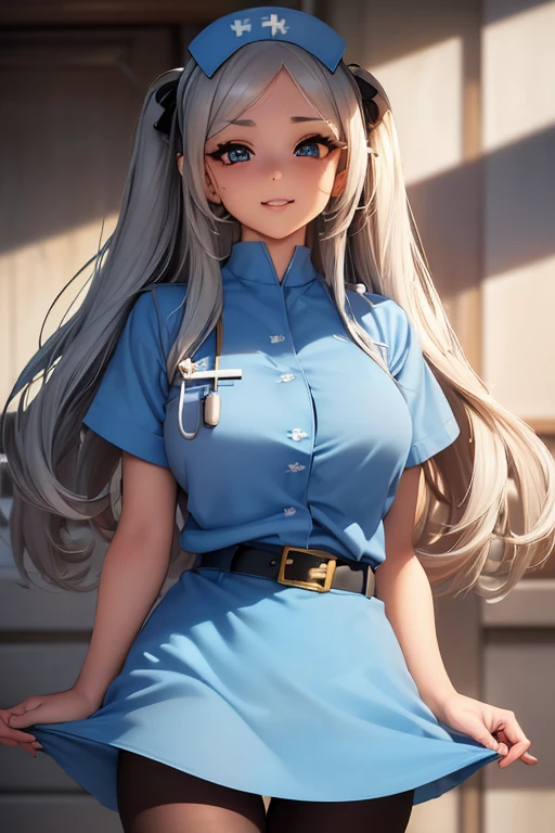 #基本
A girl is posing for a photo, ((One Girl)), (((Baby Face:1.2)) + ((cute:1.3))),
#A girl is posing for a photo, ((One Girl)), (((Baby Face)) + ((cute)) + 16 years old),
break
#Clothing Accessories
((Sky blue nurse uniform:1.5) : (Shiny) + ((Pencil Mini Skirt)) + (High neck) + (Gold Belt) + ((Tight fit)) + (Black Pantyhose)), (Shiny白ハイヒール),
(Gold hoop earrings),
break
#Features
((Silver Hair)), (The forehead is visible:1.4), (Twin tails : Long Hair + Curly hair + Thin Hair + Red ribbon),
((Droopy eyes), blue eyes, (Big eyes:1.2)), (Big Breasts),
break
#background environment
(noon, (sunlight shines, Modern hospital)),
#Facial Expression Pose
((Wicked Smile)), (model posing),
#composition
(To the camera, (Focus from the front), (Cowboy Shot)),
break
#Body parts elements
(Slim figure),
(Detailed Hair, Beautiful Hair, Shiny Hair),
(double eyelid, Long eyelashes),
(Expression of fine eyes, Beautiful and delicate eyes, Sparkling eyes, Eye Reflexes, Glitter Eyeliner),
(Human Ear),
(Beautiful Nose, Thin Nose),
(Shiny唇, Beautiful Lips, Thick lips, Shiny唇, Natural Cheeks),
(Detailed face, Symmetrical facial features),
(Detailed skin, Textured skin, Beautiful Skin, Glowing Skin),
break
#Quality Image Quality Common
(((Highest quality)), ((masterpiece)), ((Very detailed))), ((Ultra-high resolution)), ((16K, 1080P)), ((FHD)),
(Anatomically correct), (Realistic), (3DCG), (oil), (Colored pencil),
#Quality image illustration
((comics, anime)), CG illustration,