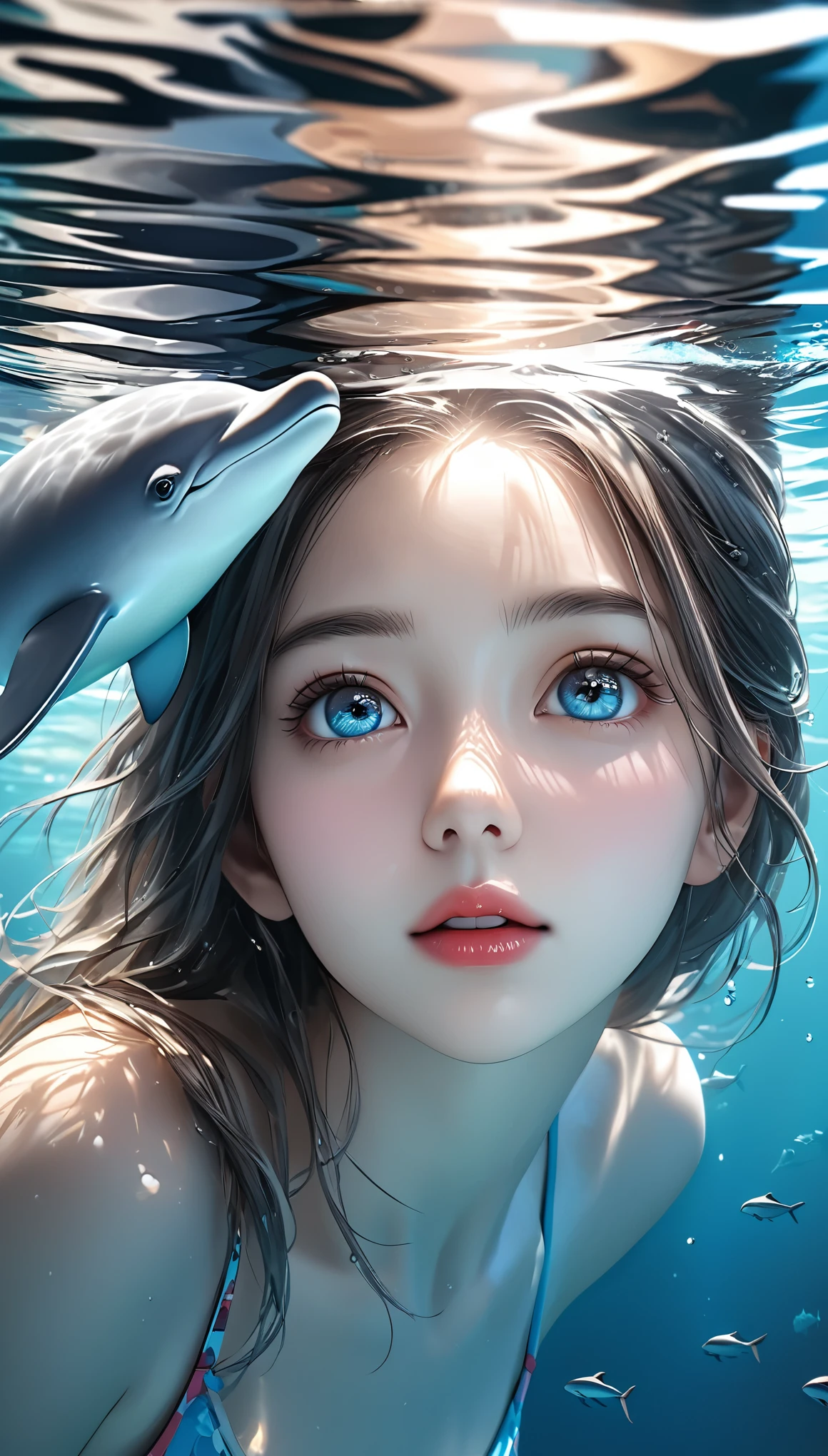 a girl swimming with a dolphin, beautiful detailed eyes, beautiful detailed lips, extremely detailed eyes and face, long eyelashes, underwater, digital art, award-winning masterpiece, surreal, famous artist, 3d art, transparent, dolphin emerging from the right side of the girl, (best quality,4k,8k,highres,masterpiece:1.2),ultra-detailed,(realistic,photorealistic,photo-realistic:1.37),vivid colors,studio lighting,bokeh