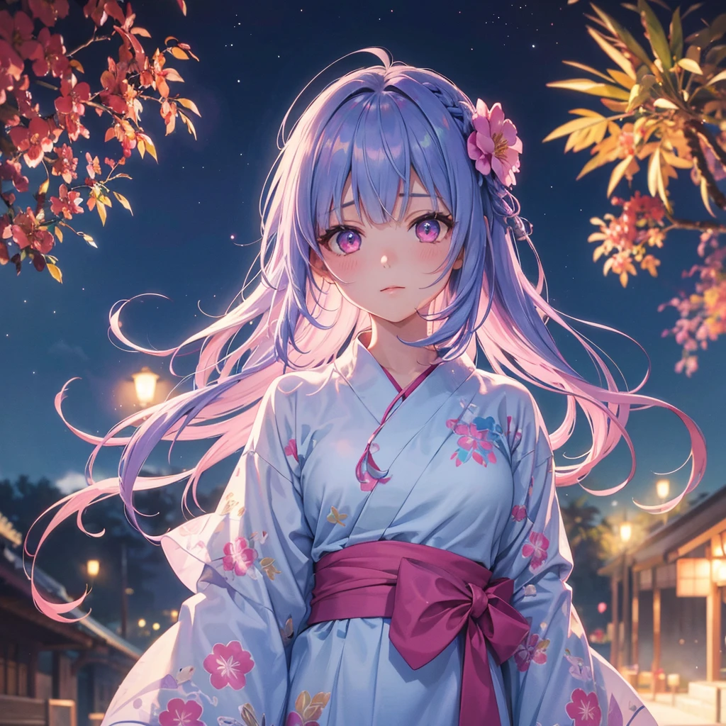 Sky Blue Medium Hair, (Braided Hair),(Pink Eyes),Fair skin ,(whole body),(1 girl)、Floral Yukata、summer night、Extra-large fireworks filling the night sky、Straight bangs,(masterpiece, Highest quality, Very detailed, Best Shadow), (Detailed Background), (Beautifully detailed face), High Contrast, (Best lighting, Very delicate and beautiful), ((Cinematic Light)), colorful, Hyper Detail, Dramatic Light, Intricate details,