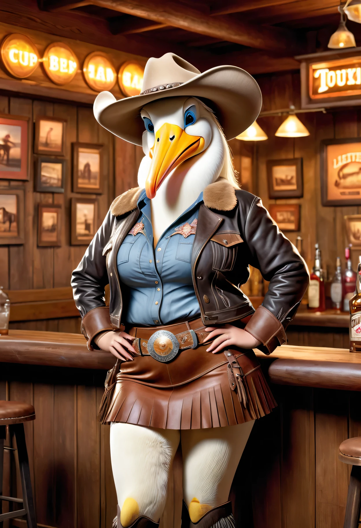 photorealistic portrait of Dressed animals - a ((fat)) (pelican) cowgirl, (furry),(full body image:1.5),(elegant pose:1.5) Wearing cowboy clothes and hat,(wearing leather short skirt and  jacket),(hands on hips:1.5),(happy),(smile:1.5), Old-fashioned cowboy hat, in western movie bar background, , western style bar  background,(looking at viewer:1.5),score_9, score_8_up, score_7_up, score_6_up, score_5_up, score_4_up,