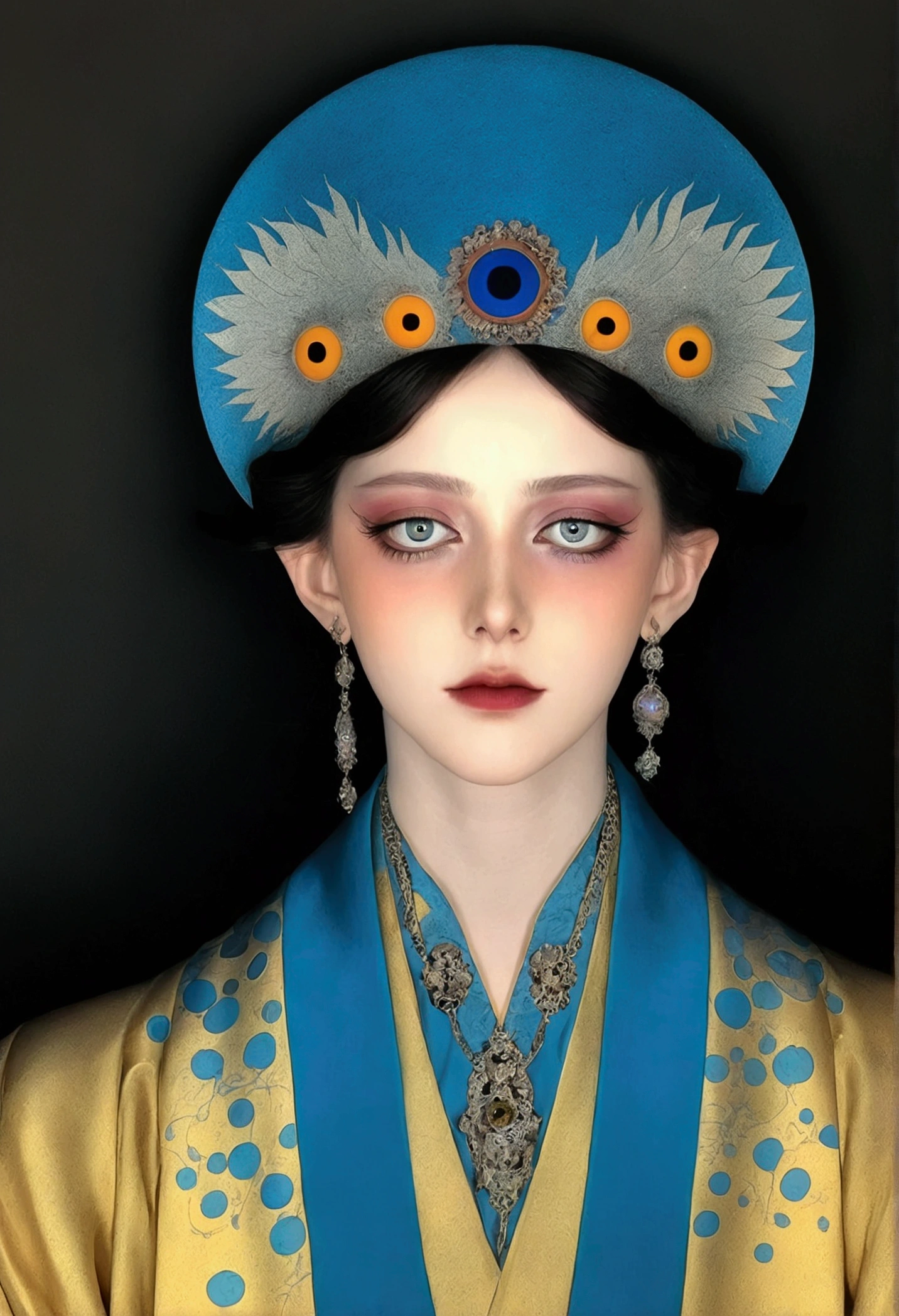 The art of math,Digital Illustration,Drawing,Decorative paintings,Watercolor,(((Harry Clark (Harry Clarke) style,圣地亚哥·卡鲁索style))),Simple,clean,Fine painting style,(((Many eyes on the hat。short hair,Pointed ears,robe))),Wide Angle,Black and blue,Solid color background,Human anatomy is correct