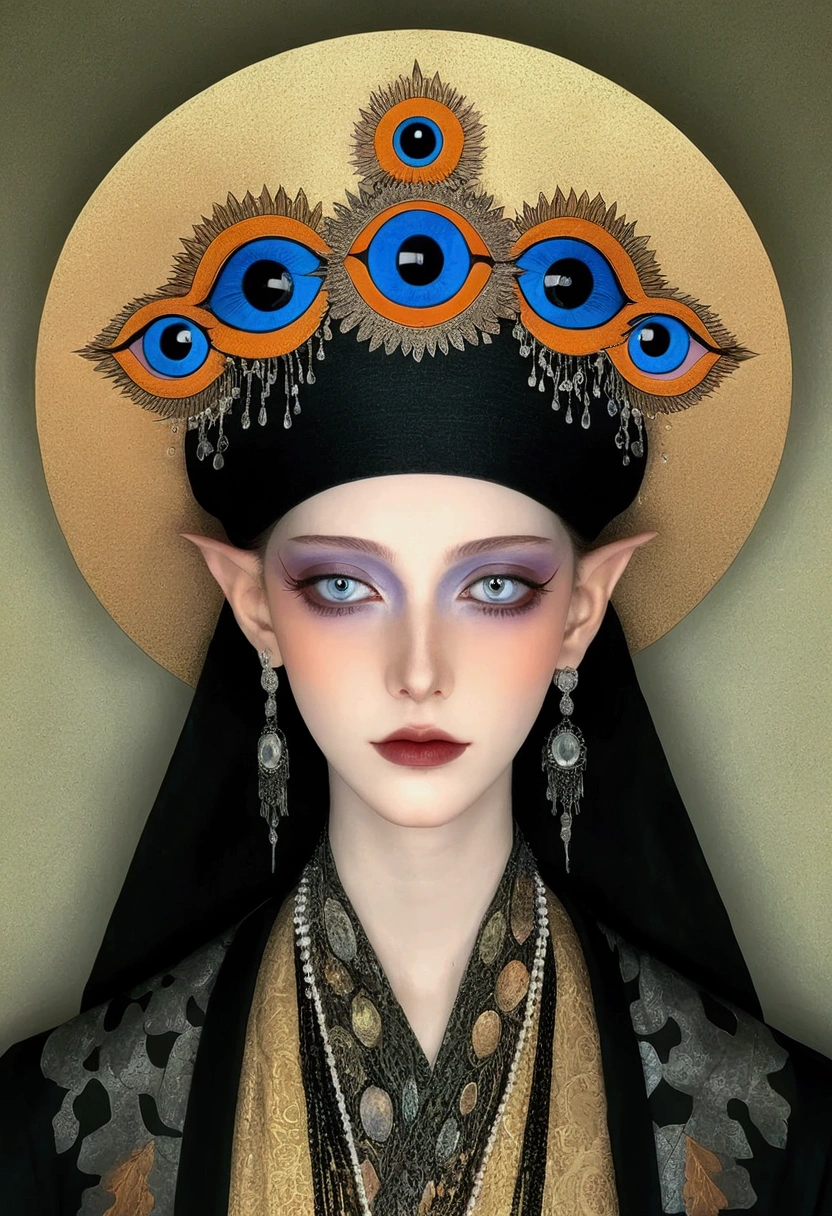 The art of math，Digital Illustration，Drawing，Decorative paintings，Watercolor，(((Harry Clark (Harry Clarke) style,圣地亚哥·卡鲁索style)))，Simple，clean，Fine painting style，(((Many eyes on the hat。short hair，Pointed ears，robe)))，Wide Angle，Black and blue，Solid color background，Human anatomy is correct