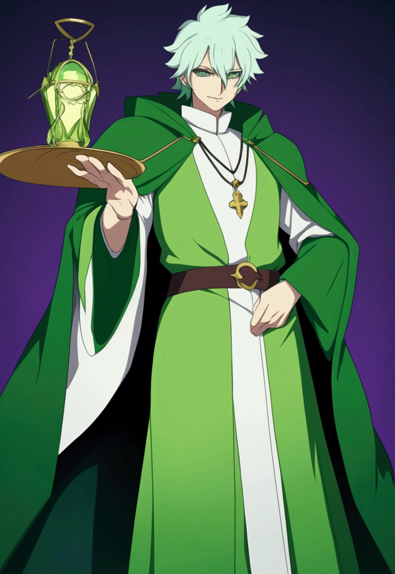 Anime-style image of a man wearing a green cape and green cloak, Kashmir Art, Beautiful androgynous prince, Handsome men from Demon Slayer, picture of a male cleric, Official character illustration, A delicate androgynous prince, Inspired by Chris from Deltarune, Official Art, Official character art, Dressed like a priest