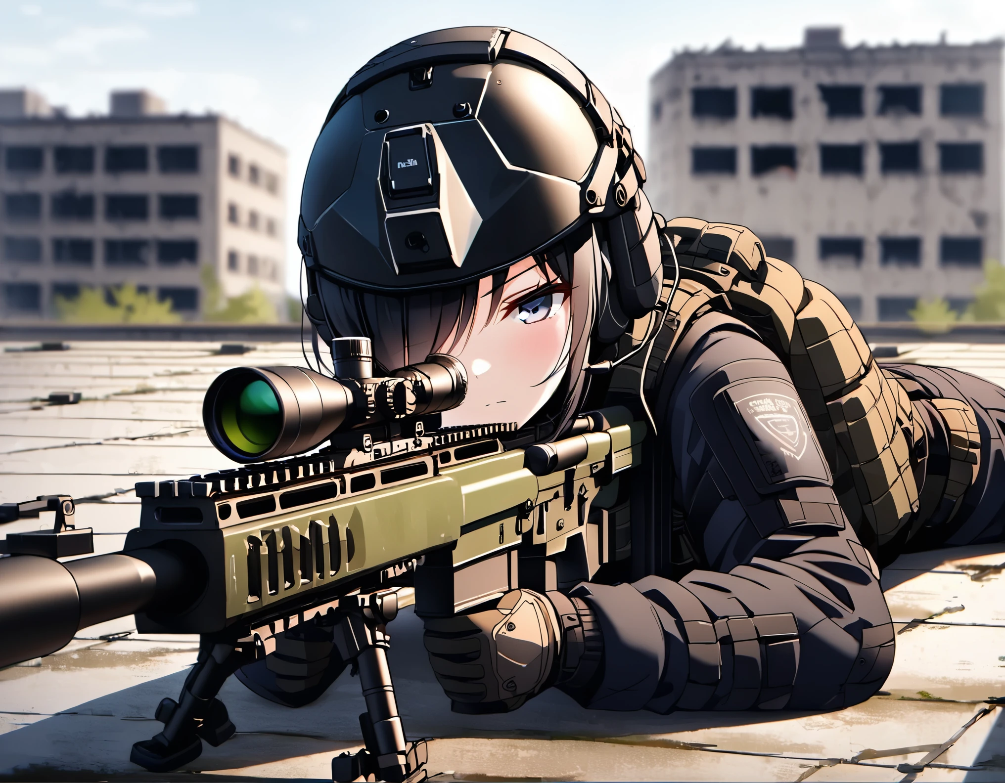 (masterpiece),(Highest quality),(High resolution),(Very detailed),8k,壁紙一人のwoman,woman,Japanese,Black Hair,Short Bob,(Beautiful Face,Beautiful Eyes,Beautiful Hair,Beautiful Skin),Serious,BREAK(((sniper rifleで何かを狙う:1.5))),((Look through the scope and take aim:1.3)),(Prone)((Close one eye:1.3)),((sniper rifle)),SWAT Uniforms,Bulletproof vest, Combat Boots,Tactical Forster,Tactical Headset,Tactical Helmet,(The background is the rooftop of an abandoned building:1.6),(((Background Blur)))