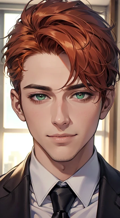 (Highest quality,4K,8K,High resolution,masterpiece:1.2),Super detailed,(Realistic,photoRealistic,photo-Realistic:1.37),1 person,31 years old,Mature Men,Beautiful skin、very handsome,Expressionless smile in love,Short orange hair,green eyes,Sharp Eyes,A perfect face without a doubt,Businessman,Office Background,Cinema Lighting,HDR image,tie、