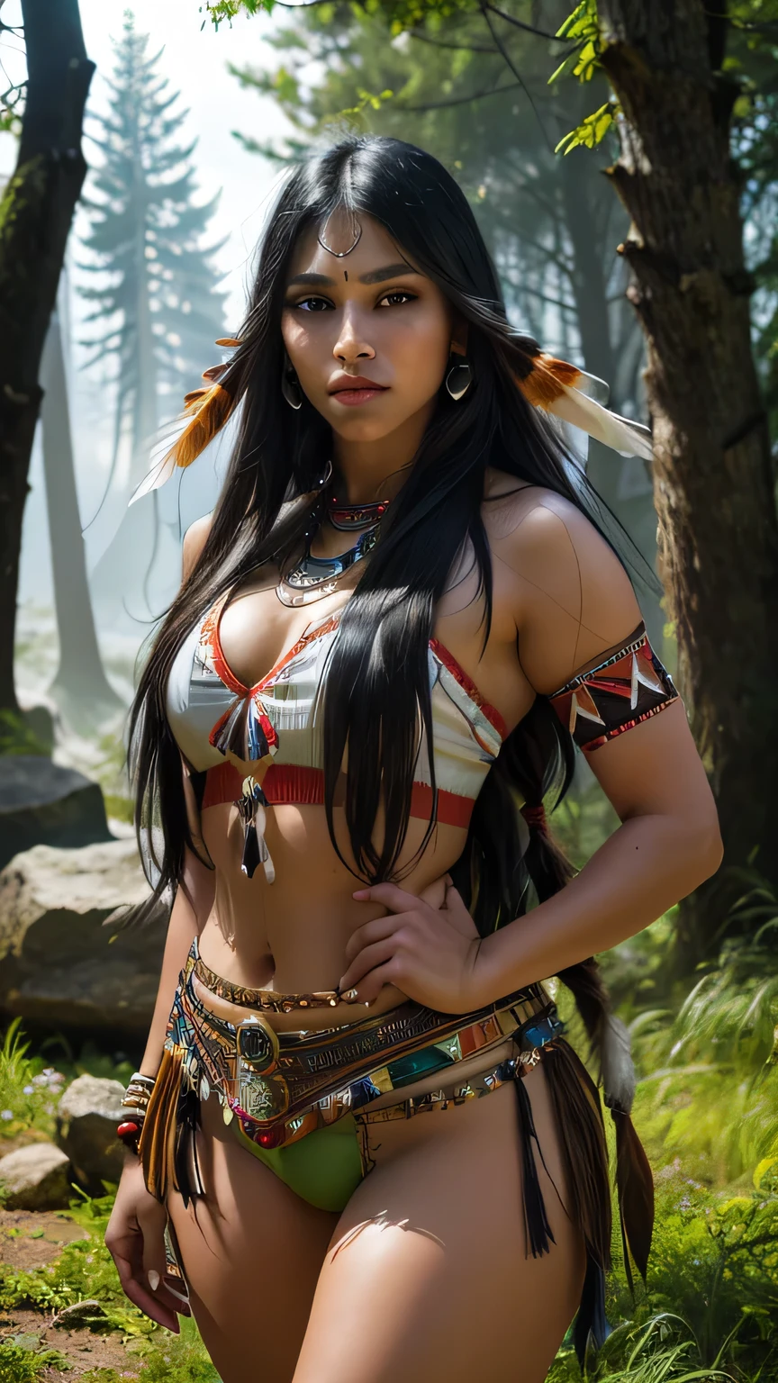 1 girl, (Wild Indian Native American), Lip, Big bright eyes, Black eyes, (female native american) , (Native Indian Feathers), (Facial details, Bright black eyes, Beautiful Face, Iris Coating, length, Thick eyelashes), (Big leaves in the forest), (Dynamic cowboy pose),(( Beautiful American Indian Warrior), (Bright colors), (Big Stone ), (prairie), (Showing panties), (Perfect Anatomy) 、masterpiece, 最high quality, high quality, High resolution, (Upper body portrait)
