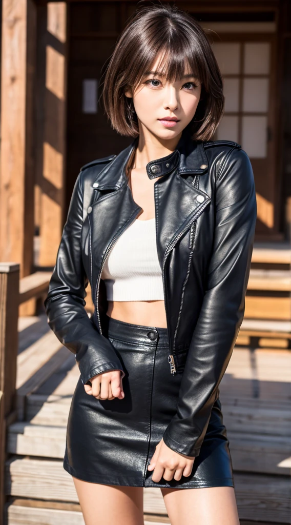 Best Quality, 8k, 32k, Masterpiece, UHD: 1.3), Attractive Japan Woman Pictures, One Girl, (full body : 1.0), Abs, Perfect Body, (leather jacket:1.0),(skirt:1.1),(boots:1.0),Ultra Detailed Face, Detailed Lips, Fine Eyes, Double Eyelids,short hair,Disheveled Hair,