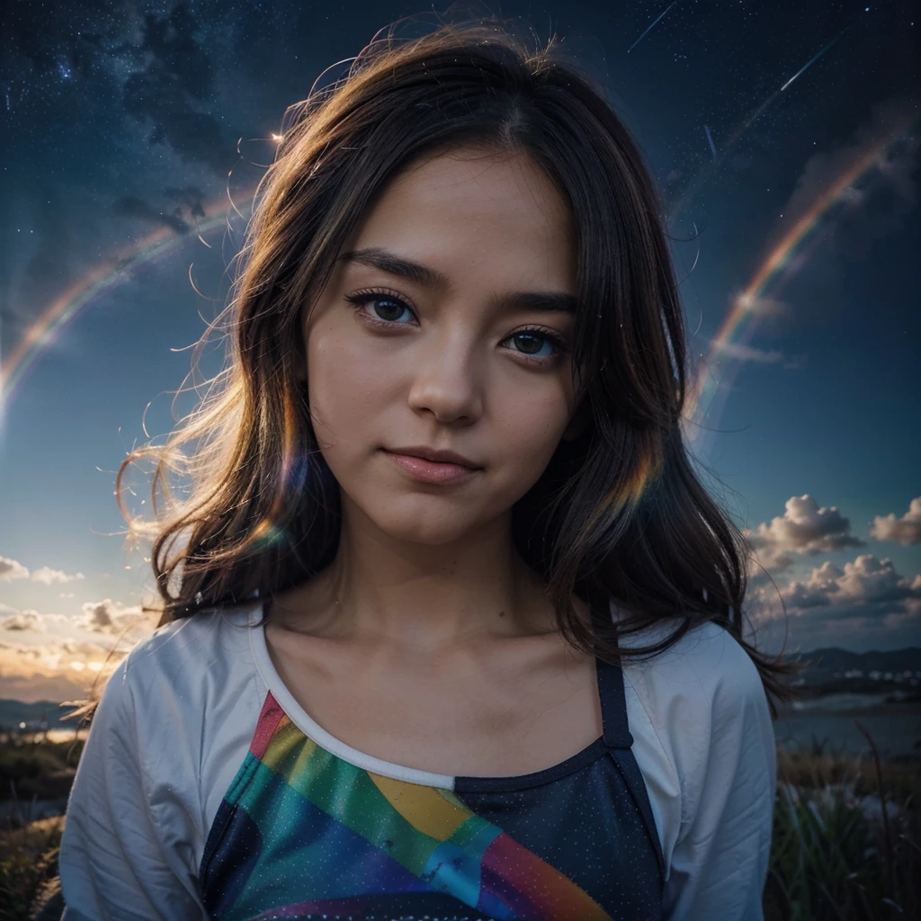 I need a night sky but with a lot of light that has clouds with anime-type rainbow edges that has small stars and that looks magical and surreal, without any living being involved, just the sky and very very bright and alive and that the clouds have a rainbow border