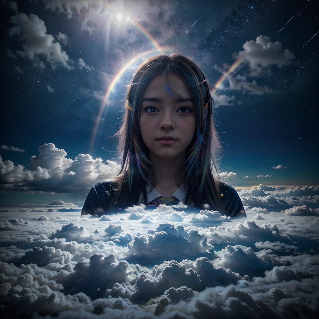 I need a night sky but with a lot of light that has clouds with anime-type rainbow edges that has small stars and that looks magical and surreal, without any living being involved, just the sky and very very bright and alive and that the clouds have a rainbow border
