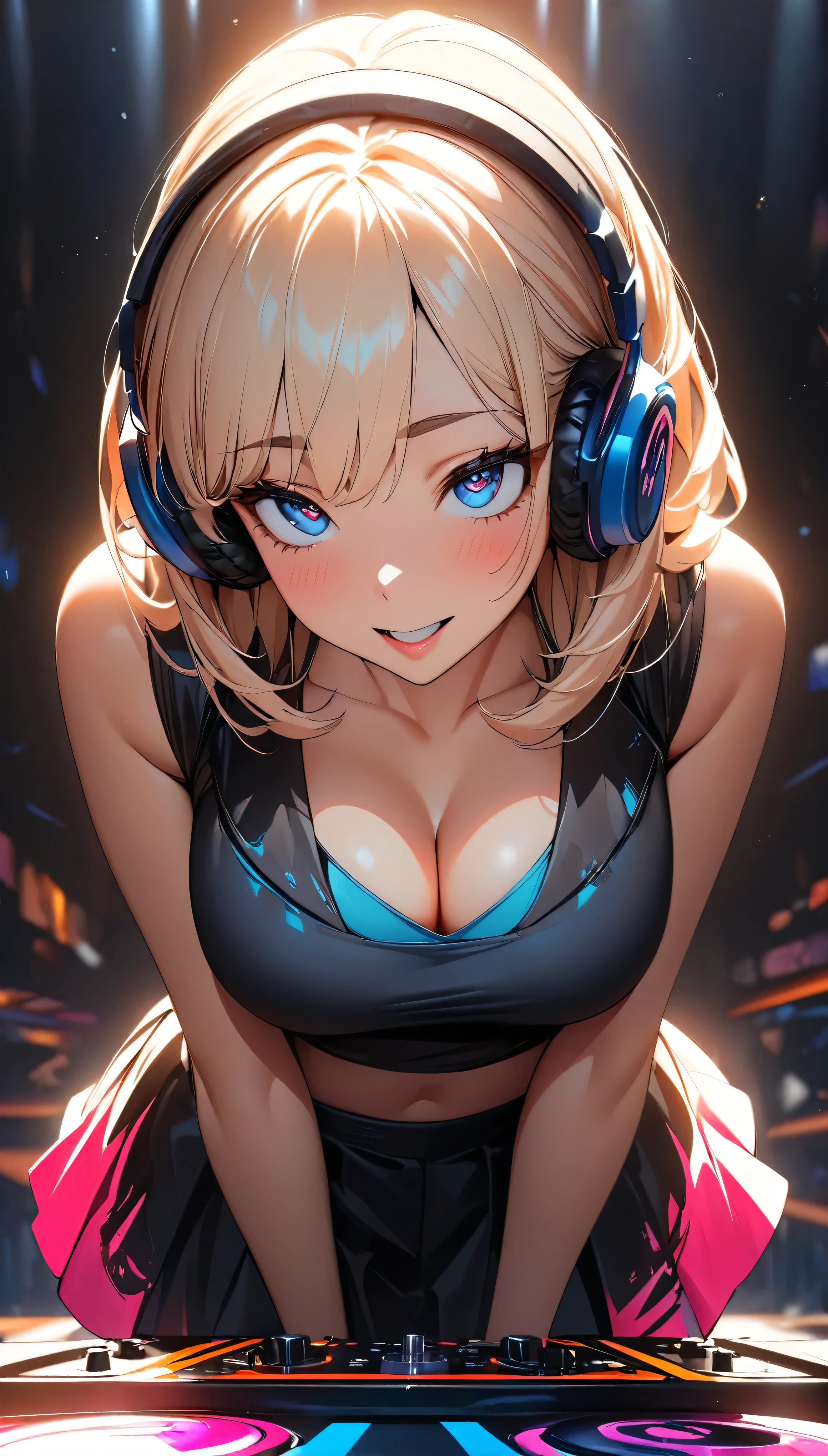 (Highest quality:1.2, Very detailed, up to date, Vibrant, 超High resolution, High Contrast, masterpiece:1.2, Highest quality, Best aesthetics), (((1 girl))), Beautiful musicians, A carefully painted DJ table, Bondage Fashion, Professionalism, Bright colors, Soft lighting, Expressive eyes, Detailed lips, Long eyelashes, Pleasant atmosphere, incite inferiority, Obscene eyes, Lewd smile, Open your mouth, blush, Ahegao:1.2, Big Breasts, Cleavage;1.1, ((Black tube top, hot pants, Fishnet tights, accessories, Headphones)), Focus on , Positive Energy, Calm background, A nurturing presence, High resolution, Sharp focus.