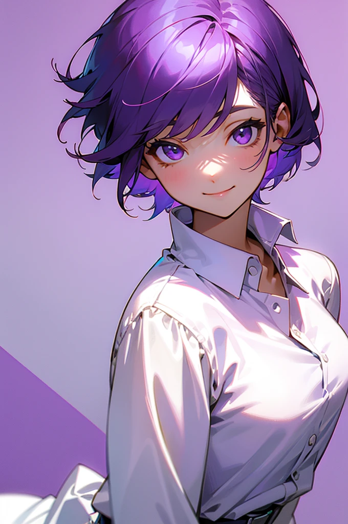 Short Hair Woman、Purple Hair、Wearing a white shirt、smile