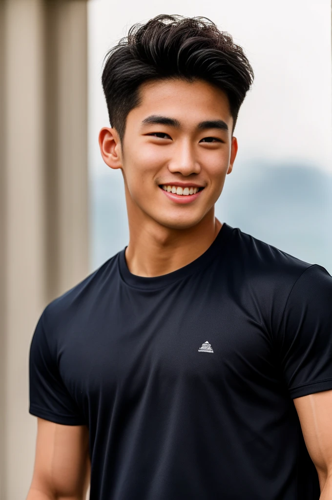 single: 1.5, (ที่TRUEแล้ว, Masterpiece, 8k HD, good light quality, sportswear, to fit the face, complicated details), A handsome Korean man with muscular arms.. , 20 years old, be happy, smile brightly, detailed face, delicate eyes, look at the sky, Wear a navy tight T-shirt.:1.6 ., black eyes, Black hair color, ผมsmooth, smooth，SurTRUE，Excellent details，Highest quality，TRUE，Open your mouth to talk.. , Close your eyes.., (large field:1.5)