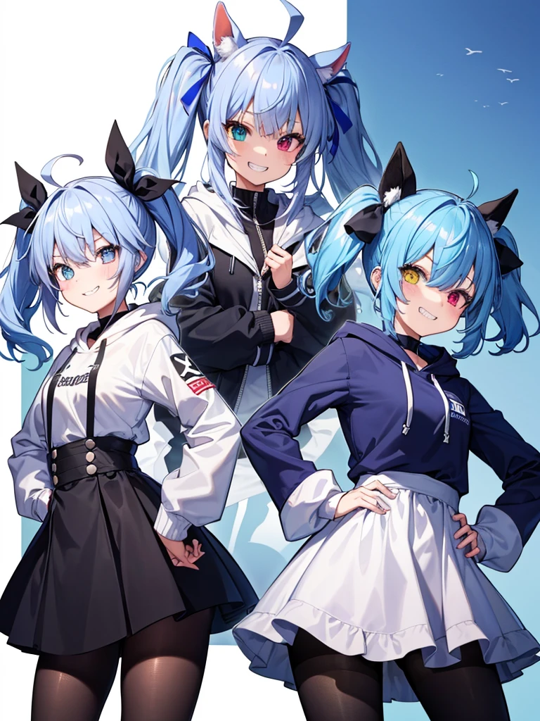 One Girl、twinturbo, sharp teeth, ahoge, twintails, hair ribbon, horse ears, heterochromia, horse tails、hoodie, long sleeves, pantyhose、Blue Hair、(((Grin)))、Hands on hips, Ahoge, Twin tails, Hair Ribbon, Horse's ears, Heterochromia iridis, V-shaped eyebrows, hoodie, Lower the hood, Long sleeve, pantyhose, Horse tail、cute、Young、