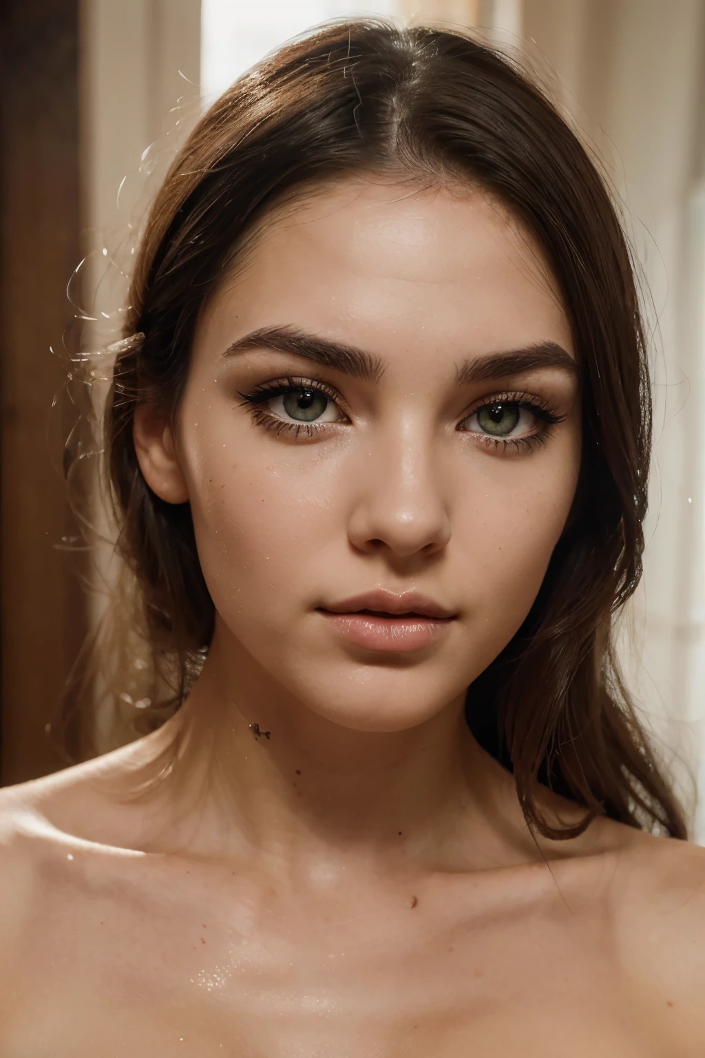 generate me an extremely beautiful face of a young woman, green eyes, big eyelashes, straight nose, defined eyebrows, fleshy lips, white and soft skin, dark brown hair, Italian, very detailed and with high realizmo, {{with white illumination to the face}}.