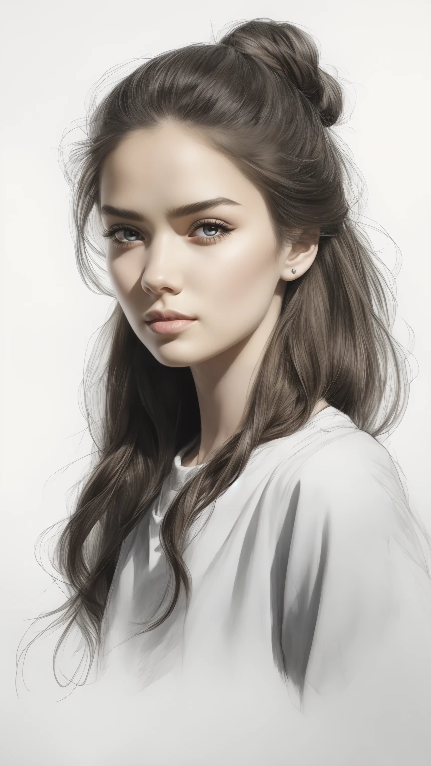 Beautiful girl, (upper body), (masterpiece, best quality:1.2), grayscale, (unfinished sketch:1.2), (partially colored:1.5), (grey background)