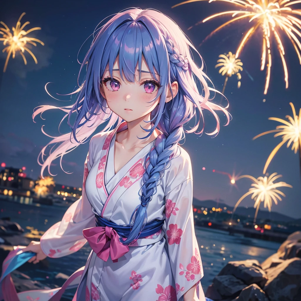 Sky Blue Medium Hair, (Braided Hair),(Pink Eyes),Fair skin ,(whole body),(1 girl)、Floral Yukata、summer night、Extra-large fireworks filling the night sky、Straight bangs,(masterpiece, Highest quality, Very detailed, Best Shadow), (Detailed Background), (Beautifully detailed face), High Contrast, (Best lighting, Very delicate and beautiful), ((Cinematic Light)), colorful, Hyper Detail, Dramatic Light, Intricate details,