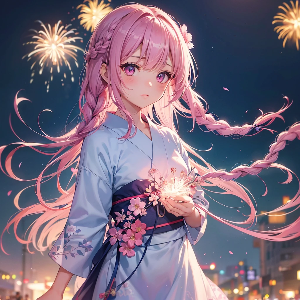 Sky Blue Medium Hair, (Braided Hair),(Pink Eyes),Fair skin ,(whole body),(1 girl)、Floral Yukata、summer night、Extra-large fireworks filling the night sky、Straight bangs,(masterpiece, Highest quality, Very detailed, Best Shadow), (Detailed Background), (Beautifully detailed face), High Contrast, (Best lighting, Very delicate and beautiful), ((Cinematic Light)), colorful, Hyper Detail, Dramatic Light, Intricate details,