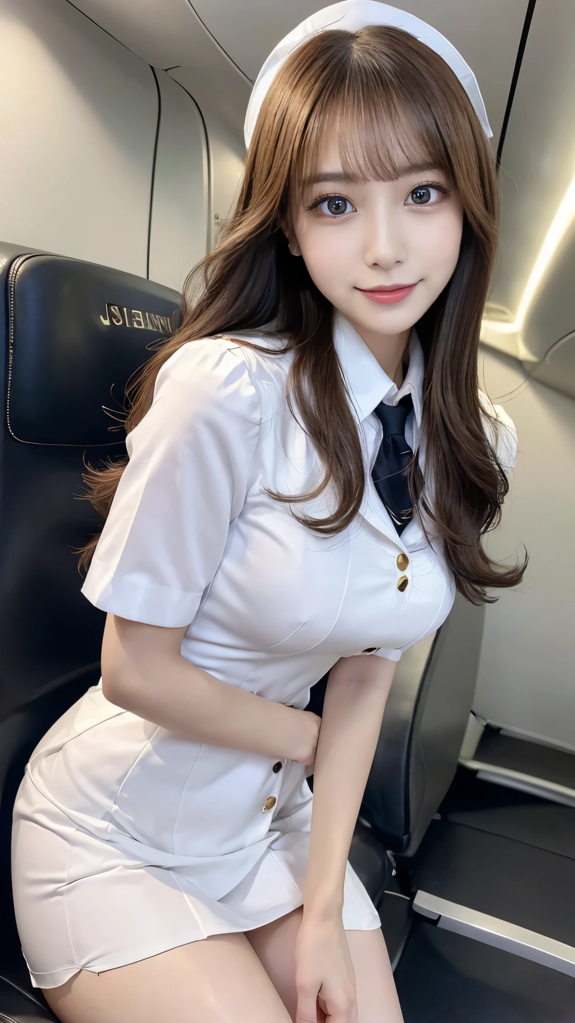 (Detailed skin:1.2),(Shiny skin:1.1),8k,Highest quality, masterpiece, Ultra-high resolution,(Realistic:1.4), RAW Photos,(Soft saturation:1),(Fair skin:1.2),(Succubus:1.2),Half-Japanese beauty,23 years old, （Light brown hair）,（Long Hair:1.３)),  (Pretty face:1.4), (Large Breasts, Tight waist,Big firm hips:1.2), ((Beautiful lighting:1.3)), ((Flight attendant uniform:1.2)),(Highly detailed face, Highly detailed lips, fine grain, double eyelid,Highly detailed and evenly balanced eyes), （Sharp focus:1.2）, ((Full Body Shot)),（Perfect Anatomy:1.3),(Beautiful woman with perfect figure: 1.2）、((Random sexy poses:1.2))、Sharp Eyes,smile,（Inside the jet）