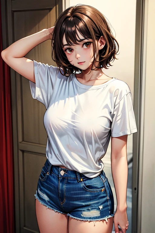 a light brown skinned e-gilr girl, short grunge hair, dark hair color with red highlights. She has an aquiline nose and large, light brown eyes.. She is dressed in a white t-shirt and faded denim shorts..