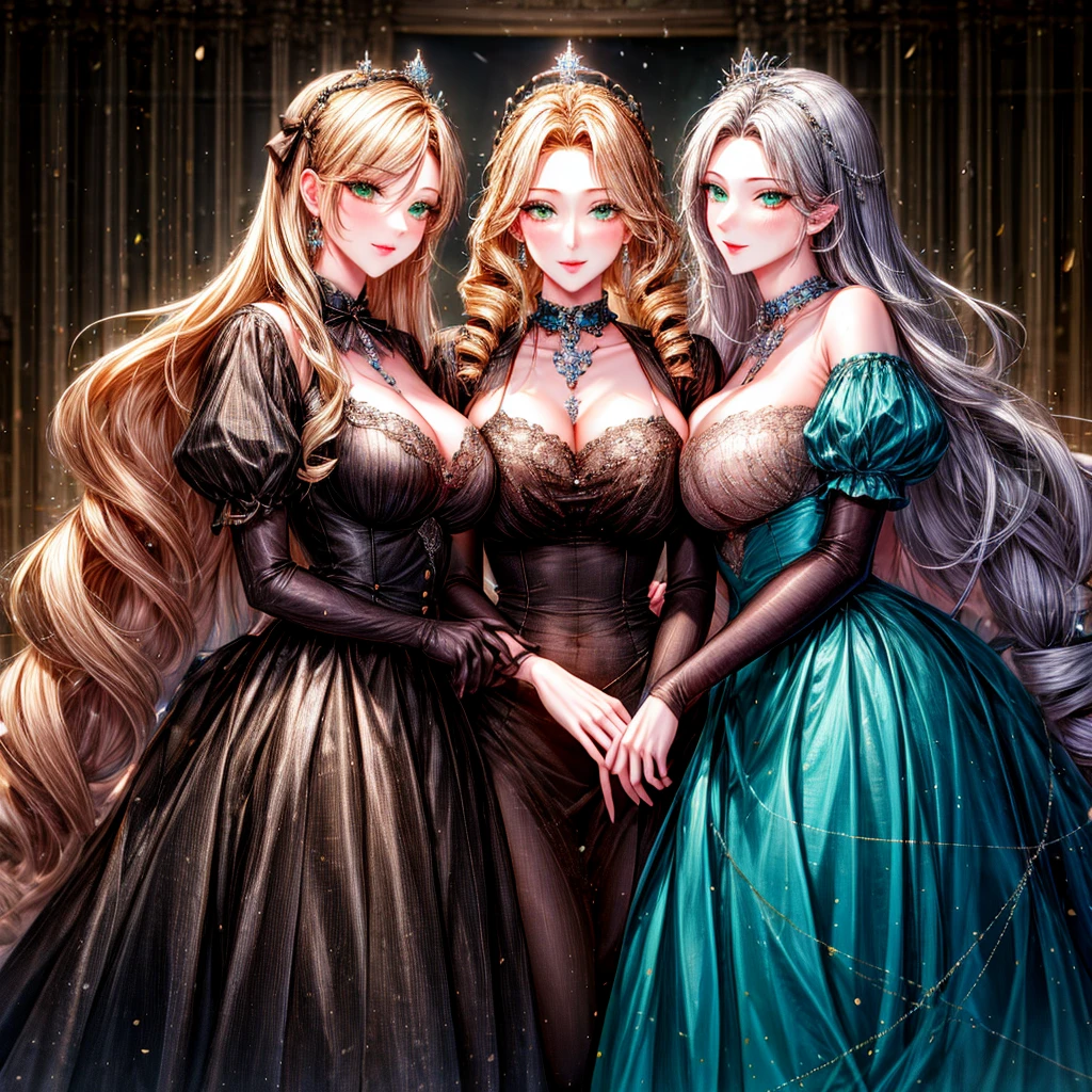 girly style, (flower background, romance comics), 3 girls, blond, alone, long hair, flower, skirt, crown, white skirt, Gloves, Long sleeve, collar, Green eyes, mascara, cosmetics, white Gloves, black bow, black flower, Straight Hair, drill hair, french OKid, bow, OK, jewelry, looking at the audience, White background, clavicle, puffy sleeves, silver accessories,full-body shot, parted bangs, very long hair, blue skirt, trim, bangs, Keep your mouth shut, delicate eyes, Big breasts,