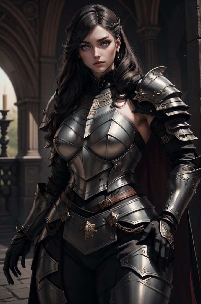 (real photography), (8k), (masterpiece: 1.2), (best quality: 1.2), perfect eyes, perfect face, volumetric light, 1girl, tall and mature Persian female warrior, muscular, long hair, bouffant Puff cut, black heavy armor, huge shoulder armor, gauntlets, cape, belt, machete, leather pants, stern expression, makeup, lipstick, eye shadow, mascara, thick eyelashes, dark fantasy, outdoors, detailed background, hands on hips,digital art, MGS V Quiet, looking serious, masterpiece, best quality, sexy