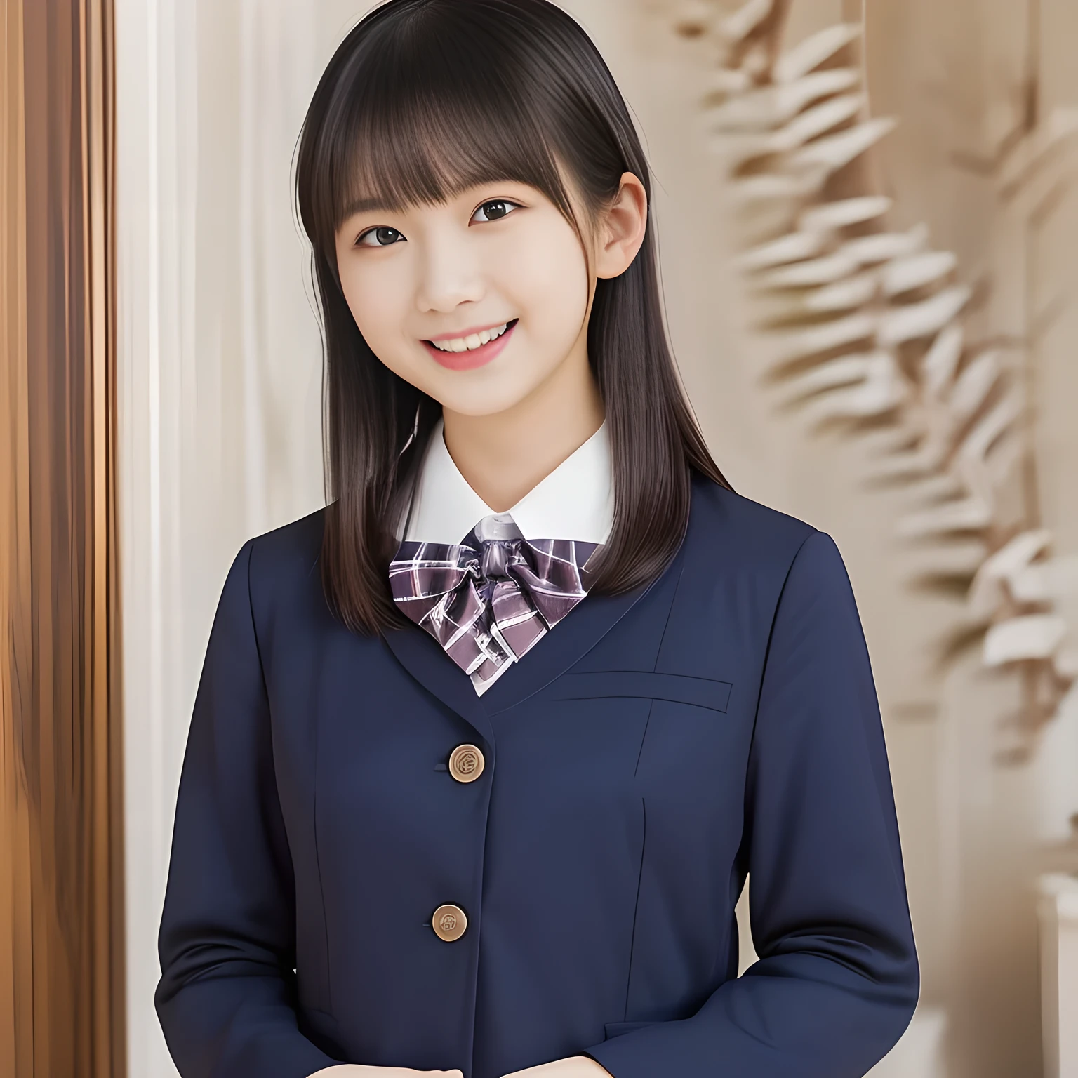 (Highest quality, masterpiece:1.2), Highest quality, High resolution, 1080P, 8k, height: 158cm, ((A noble, graceful and intelligent **** Japanese young idle who has a best proportion)), ((So sweet, very noble, neat, and pretty **** Japanese beautiful fashion magazine model: 1.6)), ((((Very pure white face and limbs)))), Glossy Lips, (Evenly cut curled bangs), ((Very beautiful, droopy, cute, pure, noble, intelligent brown eyes with detailed: 1.6)), ((Super long, black straight hair )), (Very shiny, glossy Lips), ((Beautiful straight hair like a school promotion model)), Watch at you, ((Incredibly well organized, Rich facial expressions)), ((Plump and beautiful white skin and face)), ((Pure, clear, gentle brown eyes)), ((staring at me)), Glossy Lips, ((Noble and elegant)), Very beautiful blue skirt, ((Large upward-curving lips)), ((((Navy Japanese school blazer with noble golden emblem)))), ((Navy and sapphire blue Japanese school uniform)), ((Tartan check pattern dark blue pleated long skirt)), ((Cobalt blue string chest ribbon)), ((((An ecstatic expression of boundless joy)))), (((Beauty and fashion magazine for young girls))), ((Cute beautiful knees)), ((Well-shaped ample breasts)), ((Tilting his head and smiling)), ((beautiful dark ghosts are behind her)), (Laughing loudly holding your stomach because the viewer is too funny: 1.0), ((Too beautiful woman: 1.5))