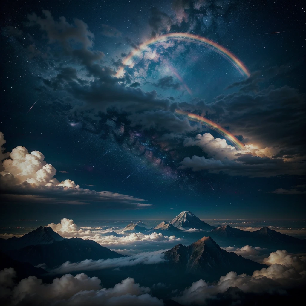 I need a night sky but with a lot of light that has clouds with anime-type rainbow edges that has small stars and that looks magical and surreal, without any living being involved, only the sky and very very bright and alive and that the clouds have a rainbow edge WITHOUT ANY LIVING THINGS IN THE MIDDLE