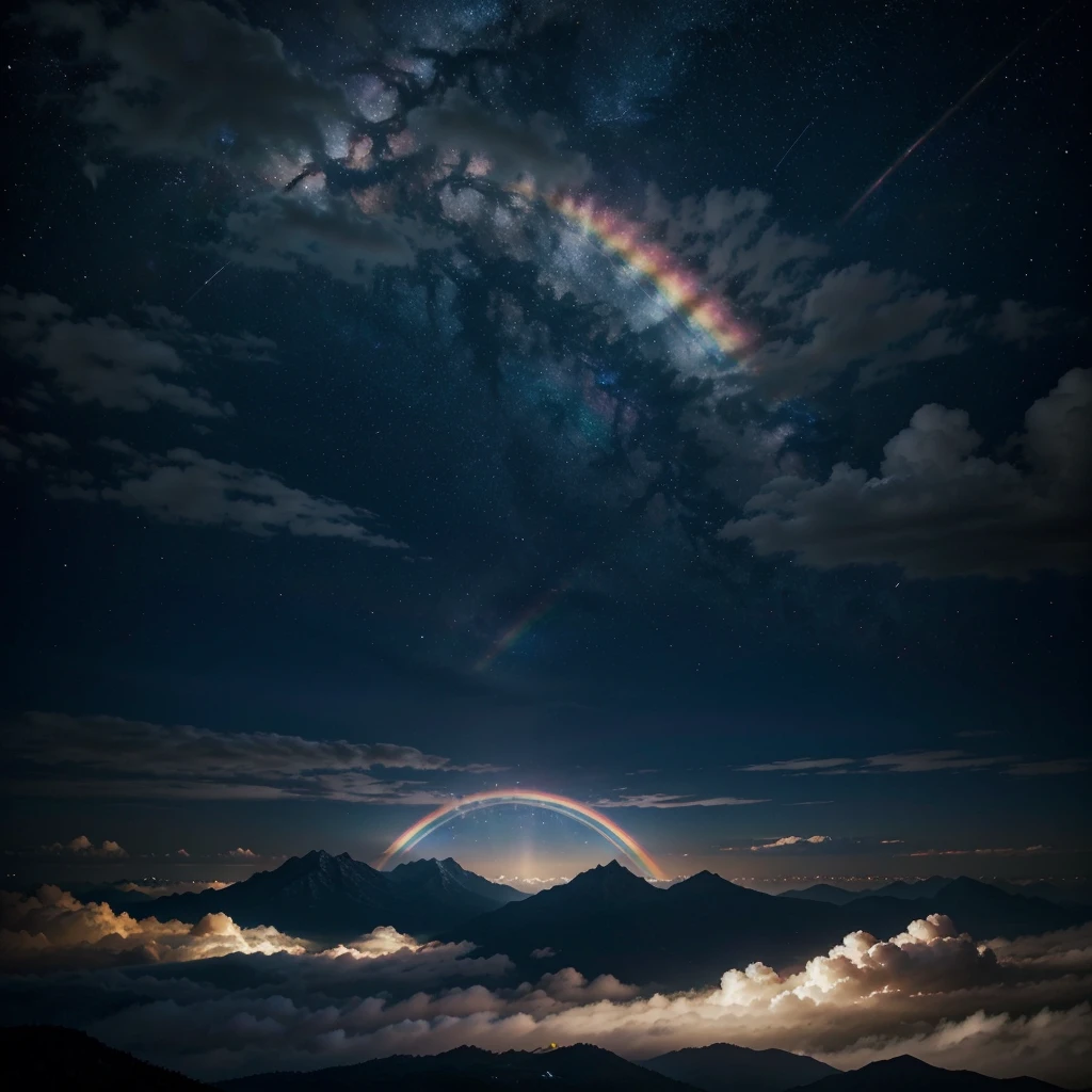 I need a night sky but with a lot of light that has clouds with anime-type rainbow edges that has small stars and that looks magical and surreal, without any living being involved, only the sky and very very bright and alive and that the clouds have a rainbow edge WITHOUT ANY LIVING THINGS IN THE MIDDLE
