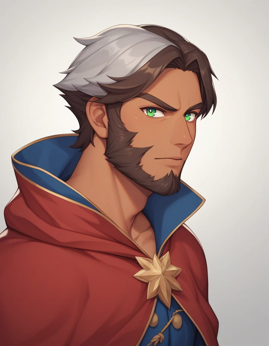 1man, derpixon, fandeltales, parted bangs, short gray hair, silver colored tips two-tone hair, multicolored dark brown hair, solo, middle-thick eyebrow, masculine handsome prince, beard, green eyes, black pupils, lens eye, tanned skin, BREAK red cloak, dark-blue military uniform, Medieval outfit, standing, in cartoon style, masterpiece, best quality, BREAK score_9, score_8_up, score_7_up, source_anime