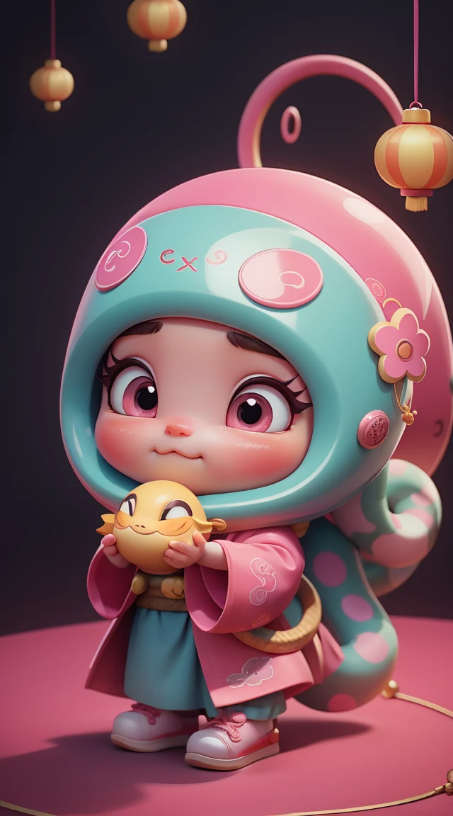 Q version,Cute baby snake,Chinese style,Pink space,Festive atmosphere