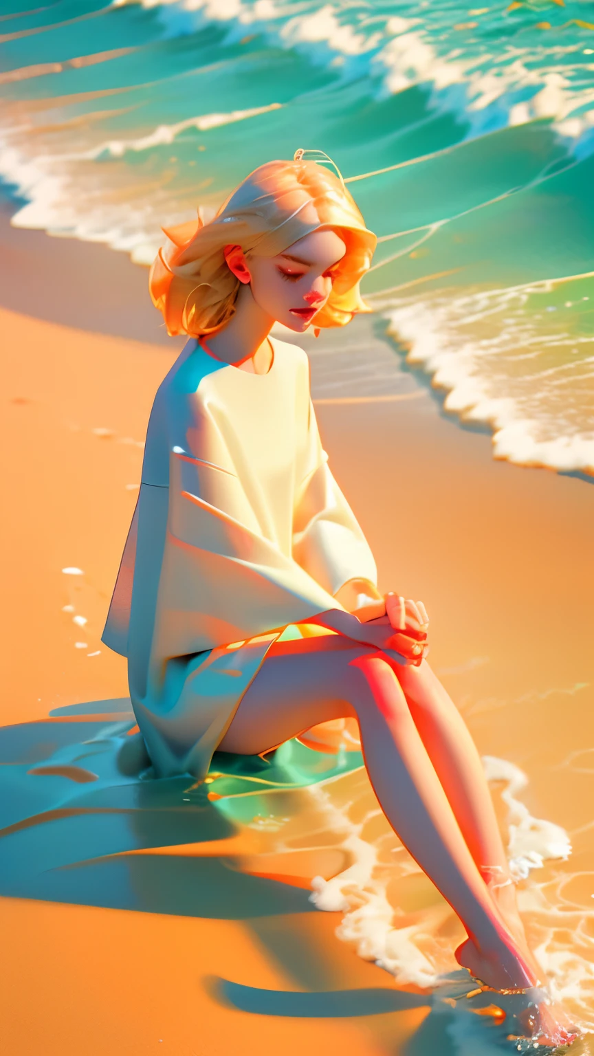 woman、Blonde、Sitting、Sandy Beach、Water's Edge、woman、24-years-old、Swimwear、smile、sunny