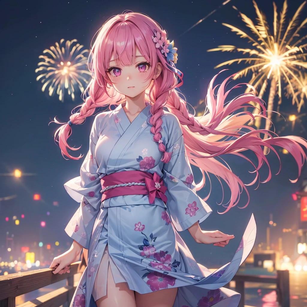 Sky Blue Medium Hair, (Braided Hair),(Pink Eyes),Fair skin ,(whole body),(1 girl)、Floral Yukata、summer night、Extra-large fireworks filling the night sky、Straight bangs,(masterpiece, Highest quality, Very detailed, Best Shadow), (Detailed Background), (Beautifully detailed face), High Contrast, (Best lighting, Very delicate and beautiful), ((Cinematic Light)), colorful, Hyper Detail, Dramatic Light, Intricate details,