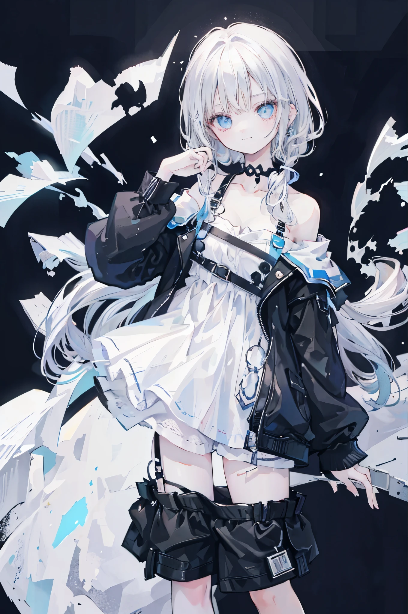 Highest quality,smile,woman,woman1人,adult,cute,Length of hair to the shoulders,White hair color,Light blue eyes,Off-the-shoulder tops,Black shorts,Piercing,Black choker, Background white,Simple background,