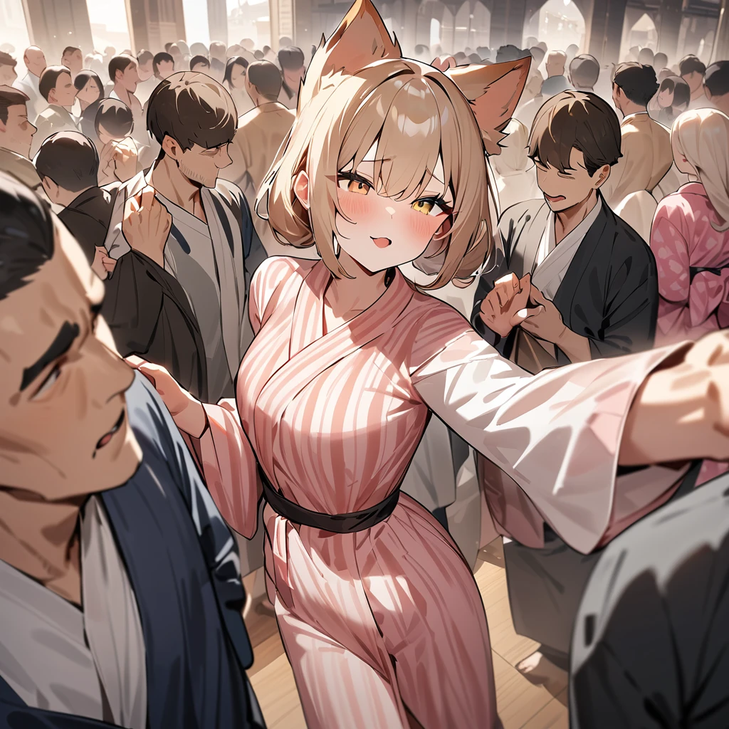 masterpiece,High resolution,Many men and women are dancing in a single circle around a tower.、Men and women in yukata、Light brown hair,Fox Eyes,Fox's Tail,Fox Ears,smile,Wedding dress,Dancing,,,moonlight,Fine weather,Night Sky