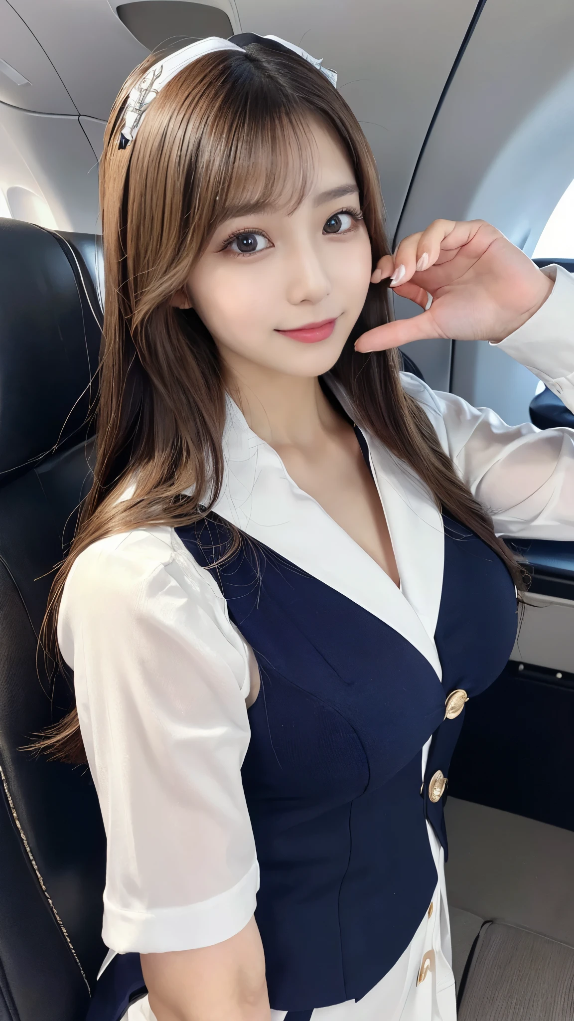 (Detailed skin:1.2),(Shiny skin:1.1),8k,Highest quality, masterpiece, Ultra-high resolution,(Realistic:1.4), RAW Photos,(Soft saturation:1),(Fair skin:1.2),(Succubus:1.2),Half-Japanese beauty,23 years old, (Light brown hair),(Long Hair:1.3)), (Pretty face:1.4), (Large Breasts, Tight waist,Big firm hips:1.2), ((Beautiful lighting:1.3)), ((Flight attendant uniform:1.2)),(Highly detailed face, Highly detailed lips, fine grain, double eyelid,Highly detailed and evenly balanced eyes), (Sharp focus:1.2), ((Full Body Shot)),(Perfect Anatomy:1.3),(Beautiful woman with perfect figure: 1.2)、((Random sexy poses:1.2))、Sharp Eyes,smile,(Inside the jet)