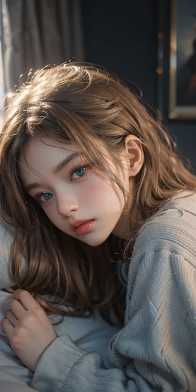 (masterpiece: 1.2, Portraiture, Highest quality), Realistic, (Live Action, Intricate details, Written boundary depth), Highest quality, masterpiece, Attention to detail, semi-Realistic,  sleeping in bed, shy, 21 years old, Short Blonde, Hair in the left eye, blue eyes, Royal dress, Slim figure、Canopy bed、 sleeping beauty,