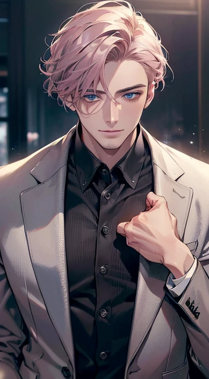 (best quality,4k,8k,highres,masterpiece:1.2),ultra-detailed,(realistic,photorealistic,photo-realistic:1.37),cinematic lighting,1:4 hdr image,a mature man, 29 years old,very handsome,cold expression smile in love, short grey pink hair,blue eyes,flawless face,buttoning his jacket,CEO