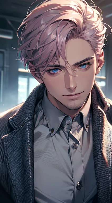(best quality,4k,8k,highres,masterpiece:1.2),ultra-detailed,(realistic,photorealistic,photo-realistic:1.37),cinematic lighting,1:4 hdr image,a mature man, 29 years old,very handsome,cold expression smile in love, short grey pink hair,blue eyes,flawless face,buttoning his jacket,CEO