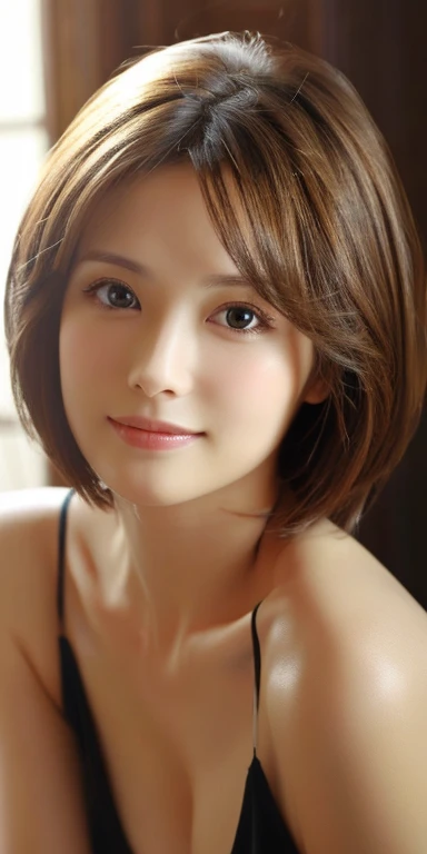 masterpiece、Highest quality、High resolution、Tabletop、wallpaper、Realistic、Bright lighting、Professional Lighting、Face Light、Smooth lighting、Japanese women、Adult、Beautiful woman、action、gravure、sexy、poor、so beautiful、Beautiful Skin、Beautiful and detailed、Detailed face、slim、moderately、short hair、Brunette Hair、Brown eyes、Looking at the camera、Let me&#39;play the ukulele、