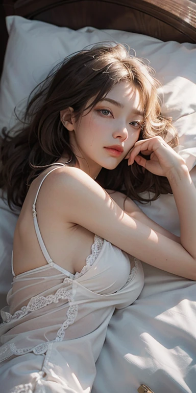 (masterpiece: 1.2, Portraiture, Highest quality), Realistic, (Live Action, Intricate details, Written boundary depth), Highest quality, masterpiece, Attention to detail, semi-Realistic, sleeping in bed, shy, 21 years old, Short Blonde, Hair in the left eye, blue eyes, Wear a white negligee, Slim figure、Canopy bed、 sleeping beauty, Shoulder Bare
