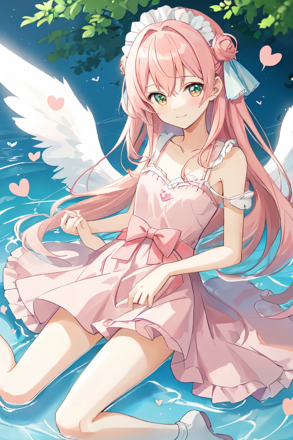 1_girl, (anime, kawai:2), (masterpeice, best_quality, clean:1.5), (sky_background:1.2), (cute, cute_smile, wholesome, young:1.8), (delicate, extremely_delicate, beautiful, thin:1.5), (girlfriend, angel:1.8), (green_eyes, simple_eyes:1.8) (long_hair, blond_hair:1.5), (wearing_pink_dress, pink_angel_wings:1.8), (combat:1.2), extremely_delicate, (love_magic:1.5), (age_size_fits_body), (small_thighs:1.3), (breasts), (eye_level:1.3), (heart_magic, love:1.5), (folded_legs:1.5)
