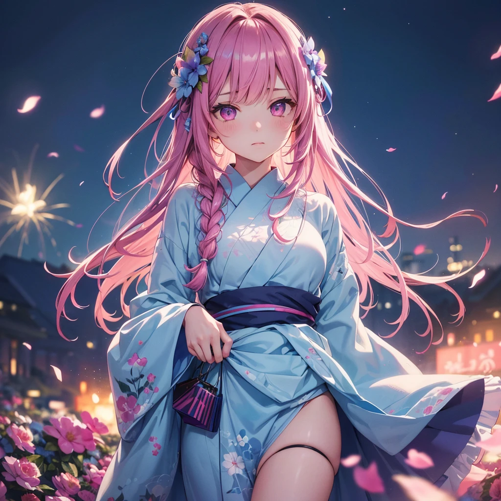 Sky Blue Medium Hair, (Braided Hair),(Pink Eyes),Fair skin ,(whole body),(1 girl)、Floral Yukata、summer night、Extra-large fireworks filling the night sky、Straight bangs,(masterpiece, Highest quality, Very detailed, Best Shadow), (Detailed Background), (Beautifully detailed face), High Contrast, (Best lighting, Very delicate and beautiful), ((Cinematic Light)), colorful, Hyper Detail, Dramatic Light, Intricate details,