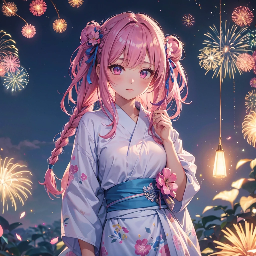 Sky Blue Medium Hair, (Braided Hair),(Pink Eyes),Fair skin ,(whole body),(1 girl)、Floral Yukata、summer night、Extra-large fireworks filling the night sky、Straight bangs,(masterpiece, Highest quality, Very detailed, Best Shadow), (Detailed Background), (Beautifully detailed face), High Contrast, (Best lighting, Very delicate and beautiful), ((Cinematic Light)), colorful, Hyper Detail, Dramatic Light, Intricate details,