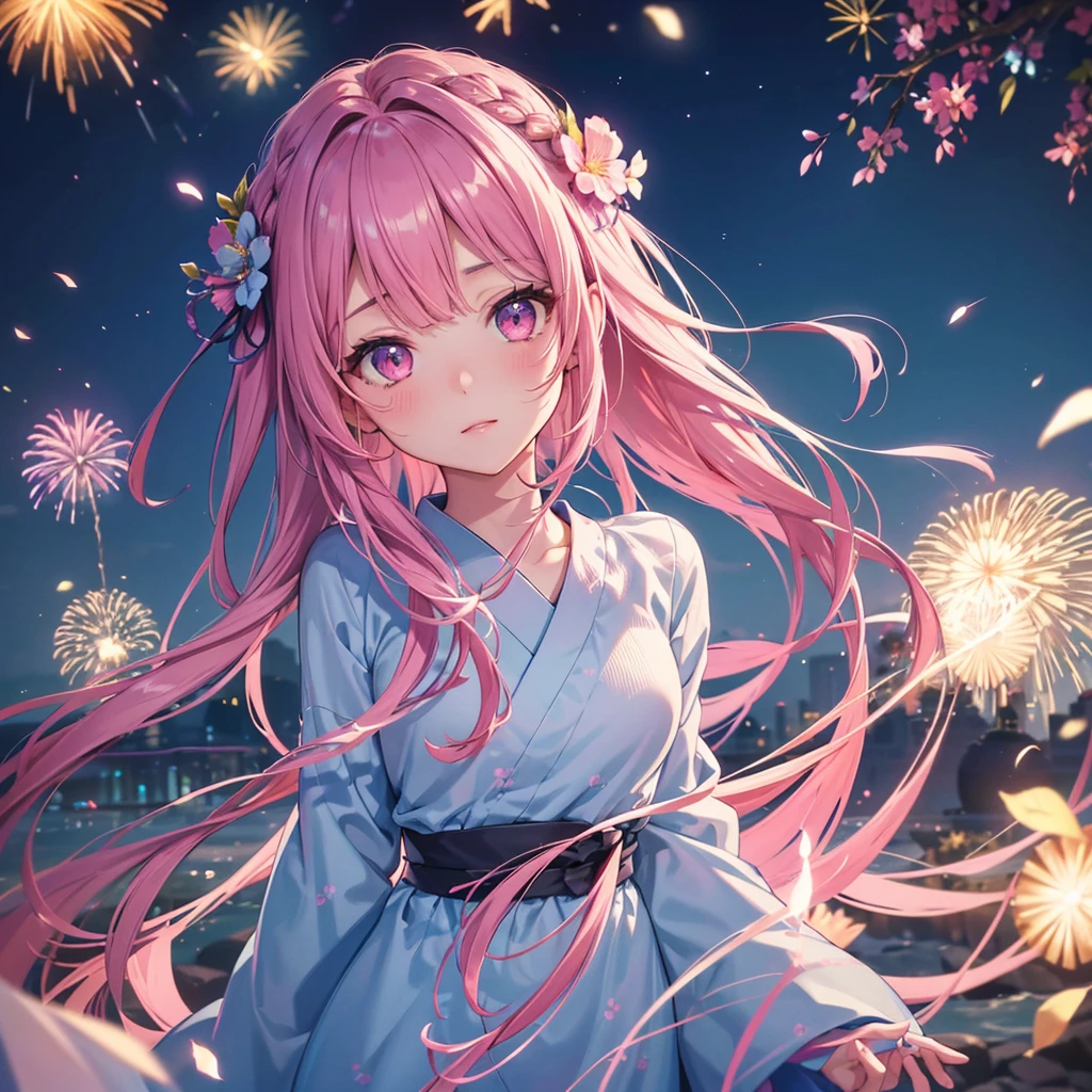 Sky Blue Medium Hair, (Braided Hair),(Pink Eyes),Fair skin ,(whole body),(1 girl)、Floral Yukata、summer night、Extra-large fireworks filling the night sky、Straight bangs,(masterpiece, Highest quality, Very detailed, Best Shadow), (Detailed Background), (Beautifully detailed face), High Contrast, (Best lighting, Very delicate and beautiful), ((Cinematic Light)), colorful, Hyper Detail, Dramatic Light, Intricate details,